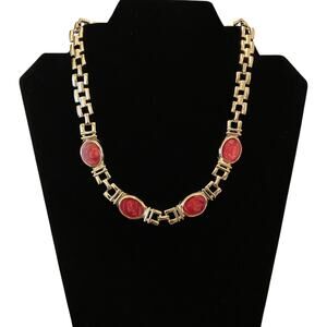 Gold Tone Link Necklace Red Pink Enamel Oval Medallion Statement 18"